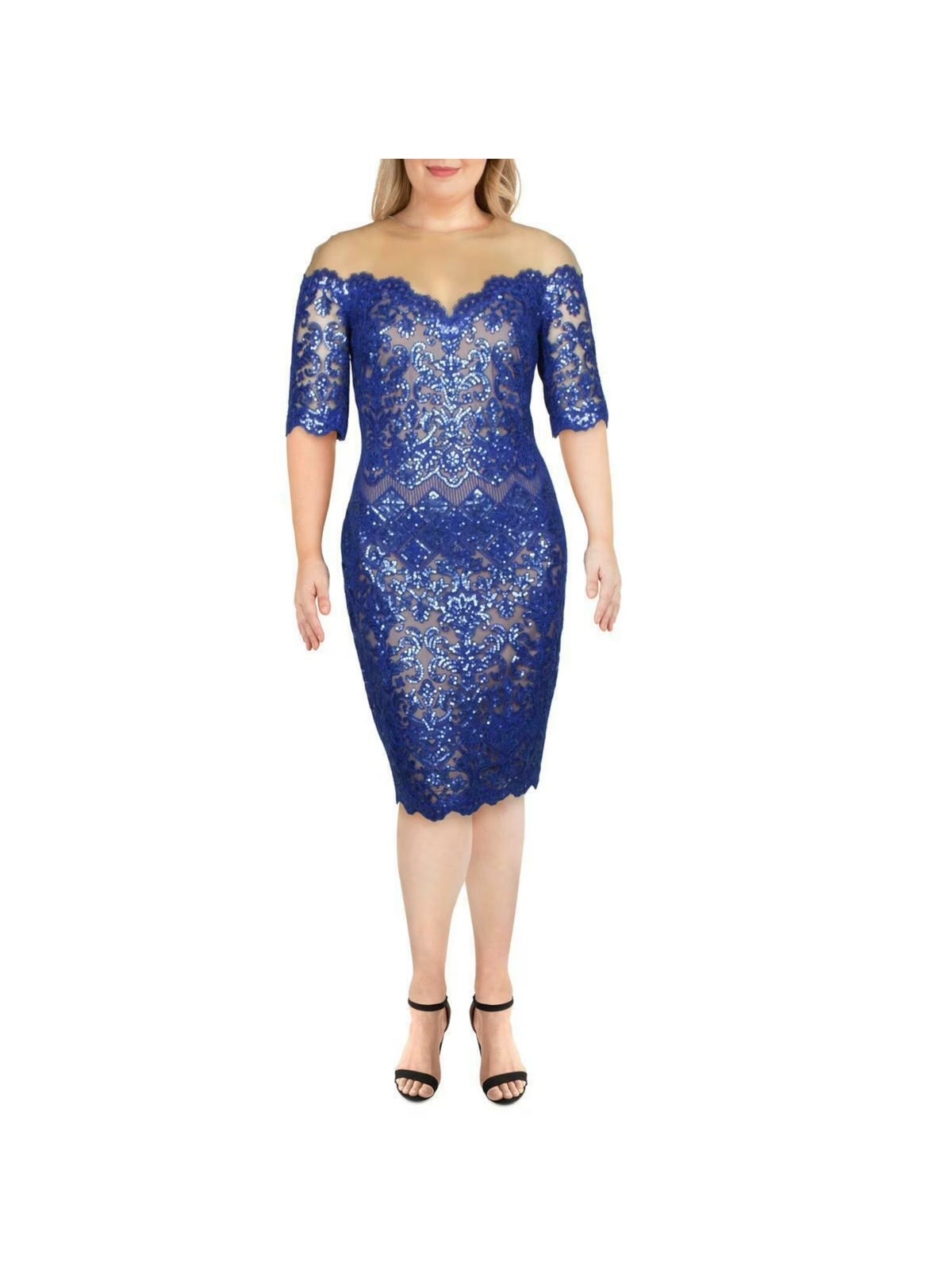 Blue Sequined Lace Sheer Short Sleeve Off Shoulder Knee Length Cocktail Body Con Dress J82403