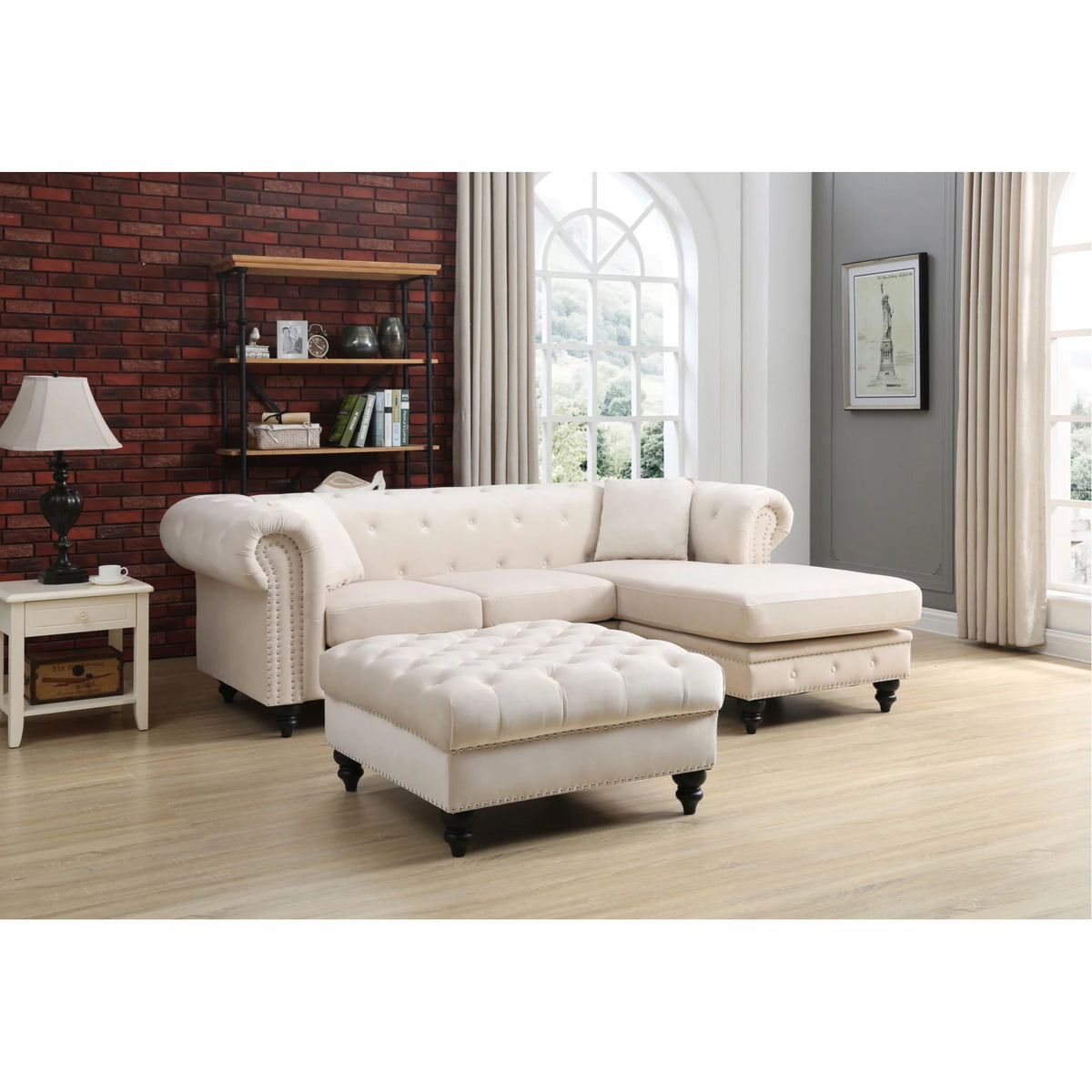 Ivory Velvet 3-Seater Sofa with 2 Throw Pillows R62440