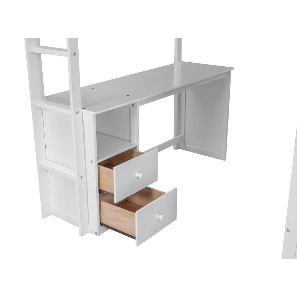 Solid Wood Loft Bed with Built-In Desk & Wardrobe White Full D648406
