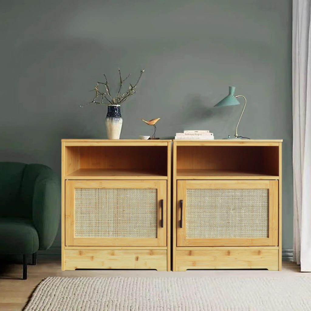 Bamboo Nightstand Set of 2 with Rattan Door N820844