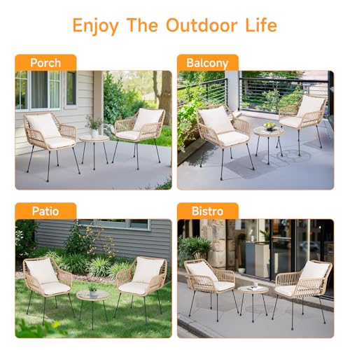3 Piece Beige Wicker Patio Bistro Set with Cushions G798998