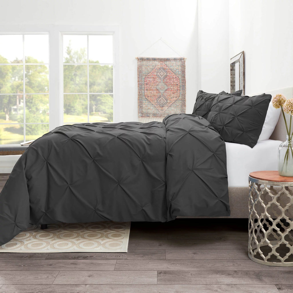 3 Piece Pinch Pleated Microfiber Duvet Cover Set Queen Gray U95170
