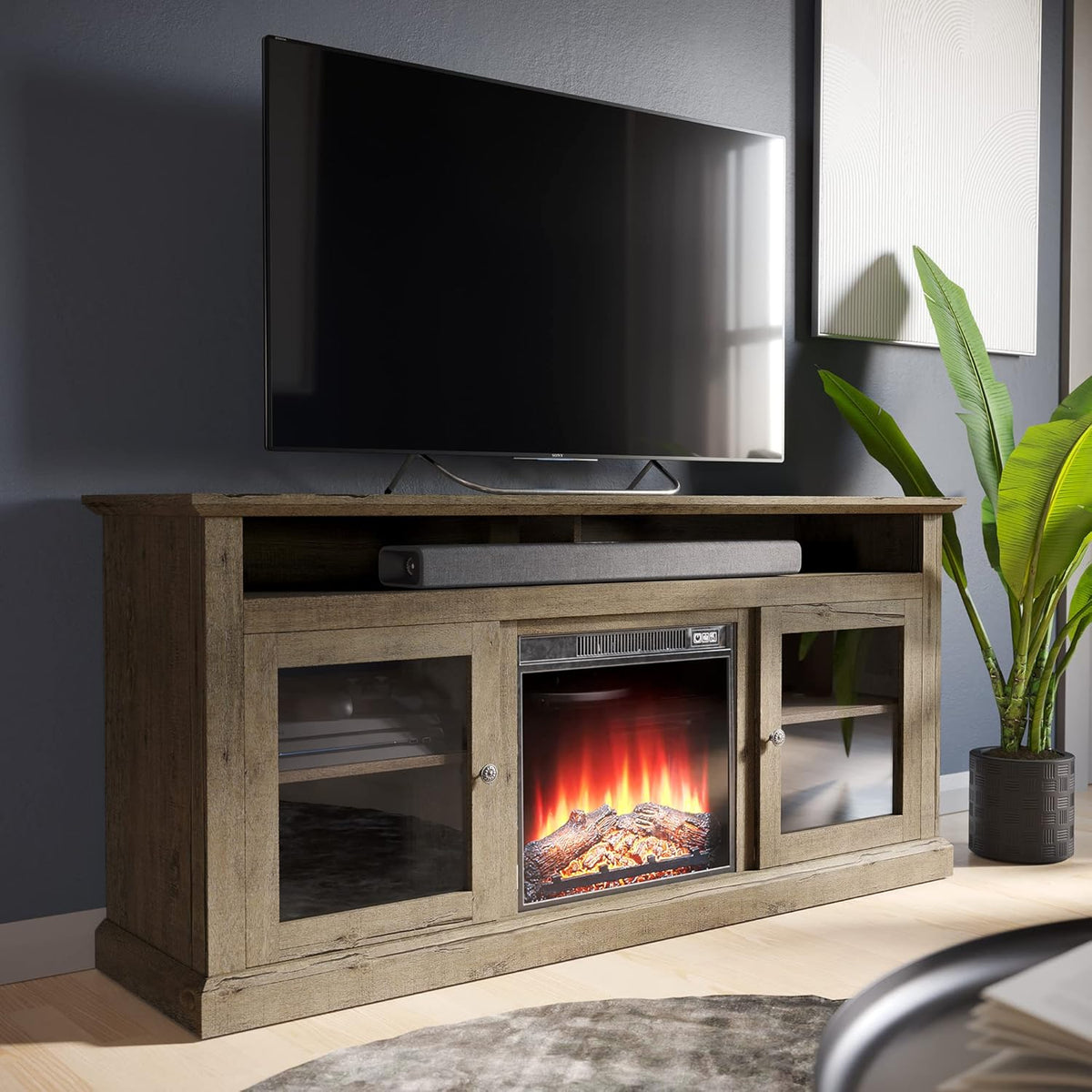 Light Gray Electric Fireplace TV Stand with Open Storage Shelves & Cabinets D584155