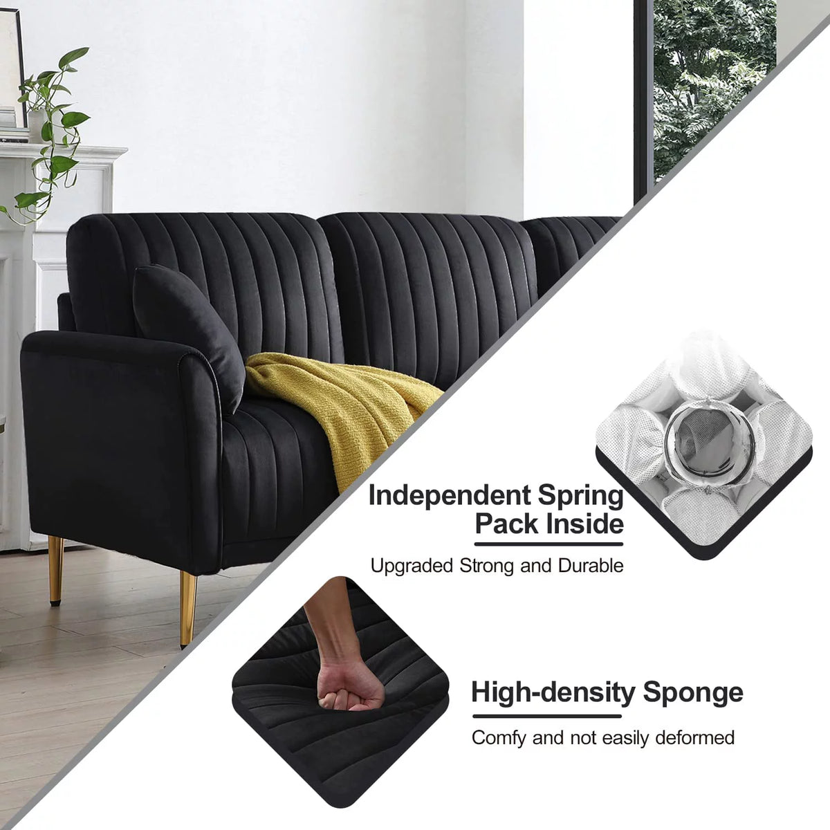 Black Velvet 3-Seater Sofa with Metal Legs and 3 Pillows K830401