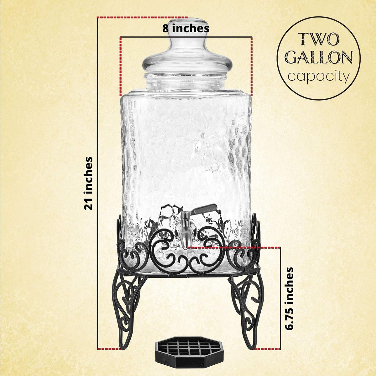 2.5 Gallon Glass Beverage Dispenser with Stainless Steel Spigot on Metal Stand and Drip Tray, Pack of 2 R58931