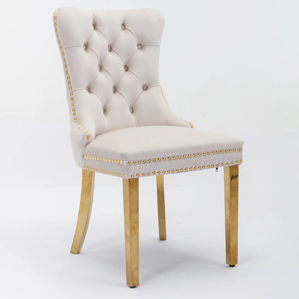 Beige Velvet Dining Chair Set of 2 with Gold Legs E914484