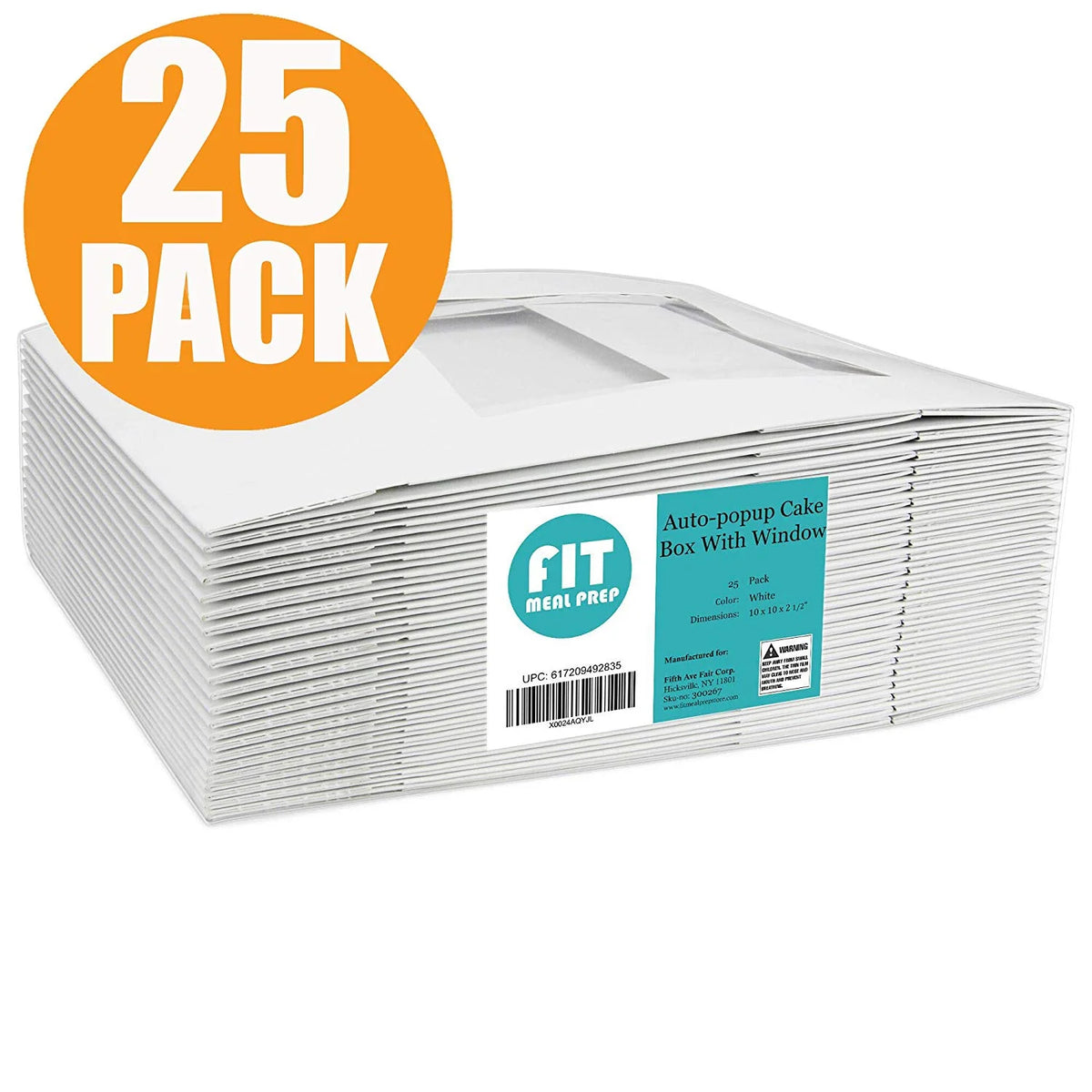 [25 Pack] White Cardboard Pie Box with Window 10x10x2.5" W73081