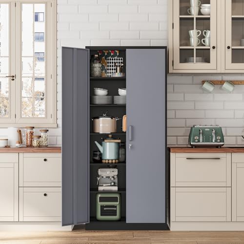 Black Steel Storage Cabinet with Lockable Doors and Adjustable Shelves L730