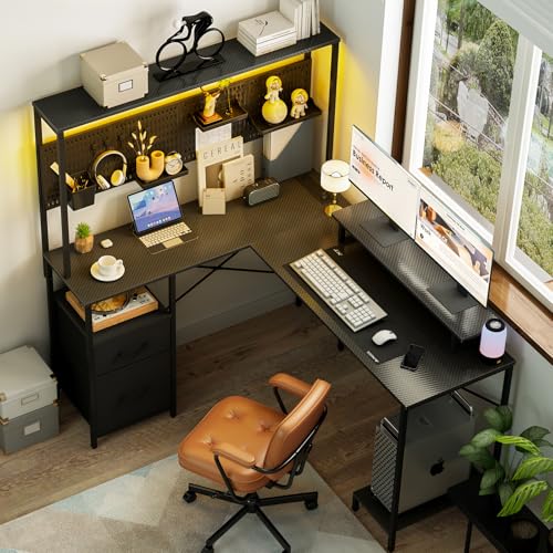 L Shaped Gaming Desk with LED Lights & Power Outlets T2623