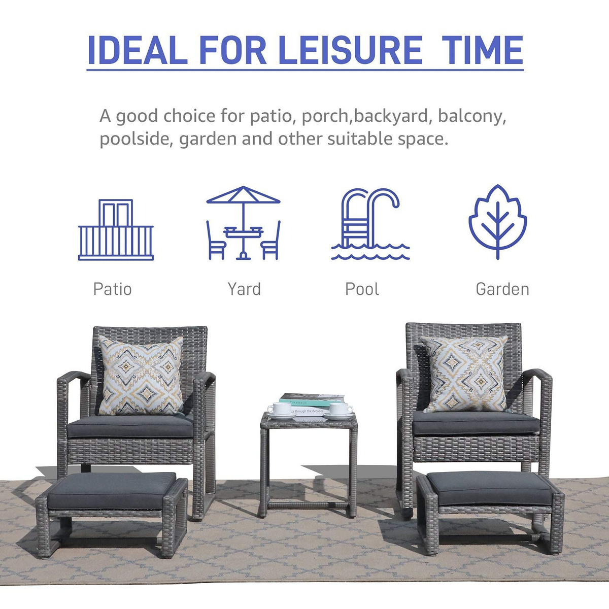 5 Piece Outdoor Patio Wicker Furniture Set with Ottomans Dark Grey G443613