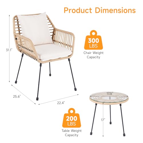 3 Piece Beige Wicker Patio Bistro Set with Cushions G798998