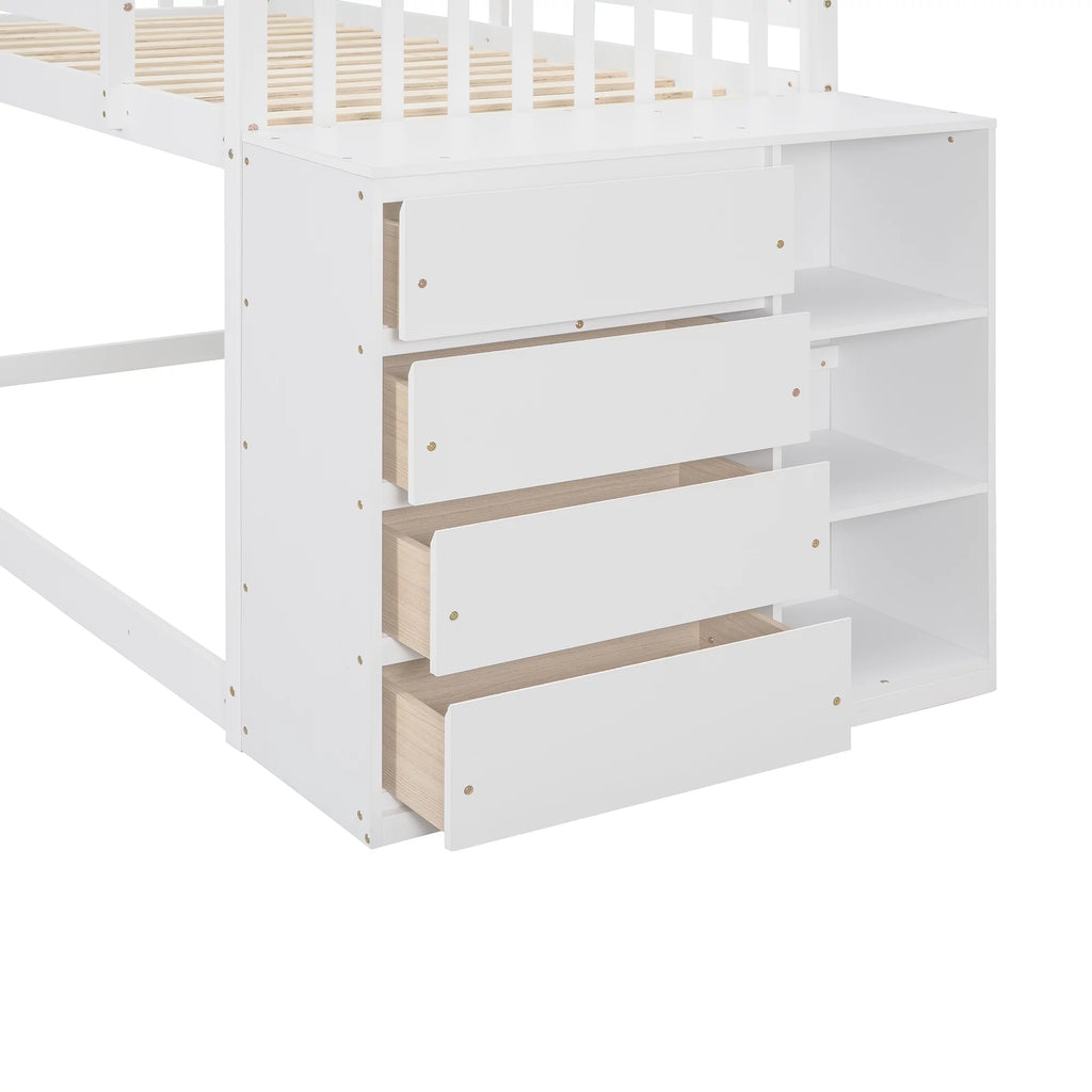 White Wood Twin Over Twin Bunk Bed with Storage Y258