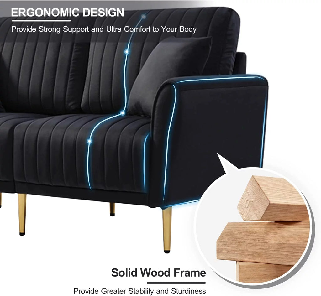 Black Velvet 3-Seater Sofa with Metal Legs and 3 Pillows K830401