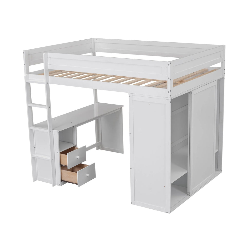Solid Wood Loft Bed with Built-In Desk & Wardrobe White Full D648406
