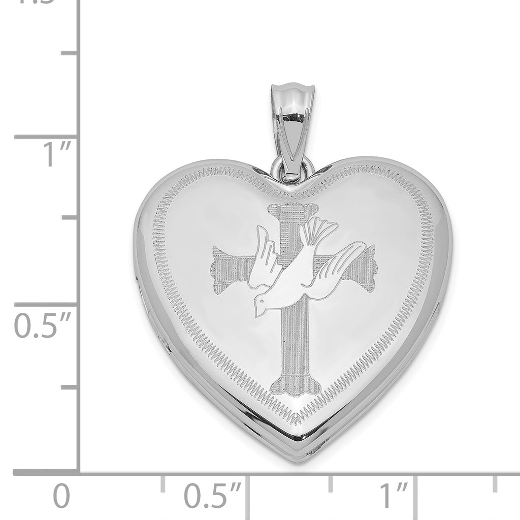 Sterling Silver Rhodium-plated Dove Cross Heart Locket E7147