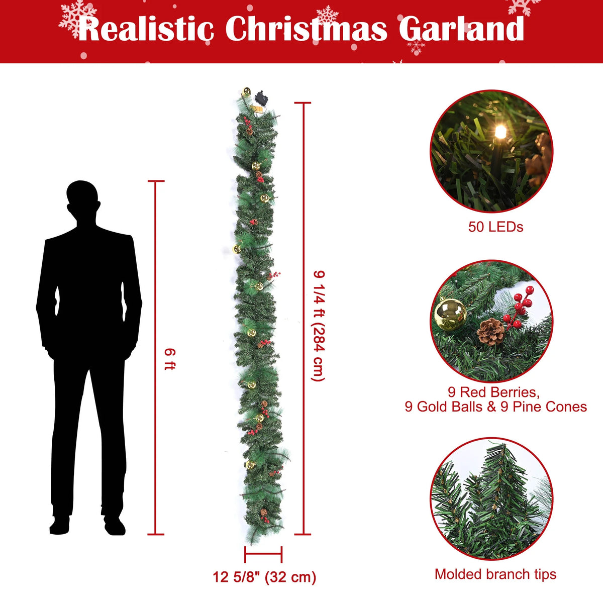 9 FT Pre-lit Christmas Garland Battery Operated Timer Artificial Decor L671