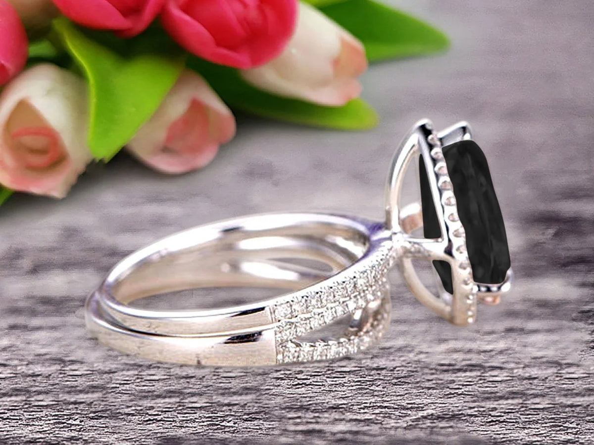 Black Diamond Moissanite Engagement Ring 2.50 Carat Pear Shape 10k White Gold With Matching Band N855