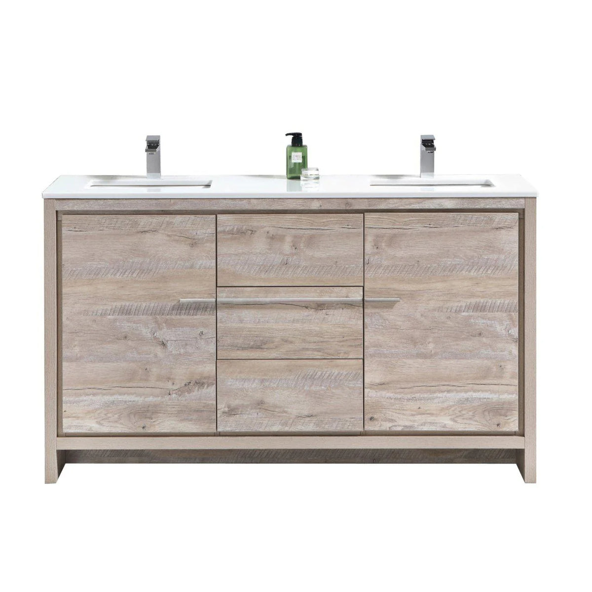 60 in. Double Sink Nature Wood Bathroom Vanity with White Quartz Counter Top Y717611