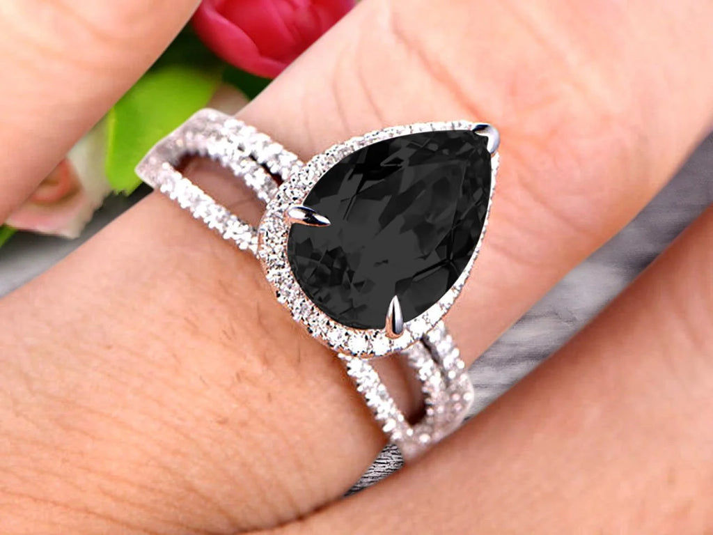 Black Diamond Moissanite Engagement Ring 2.50 Carat Pear Shape 10k White Gold With Matching Band N855