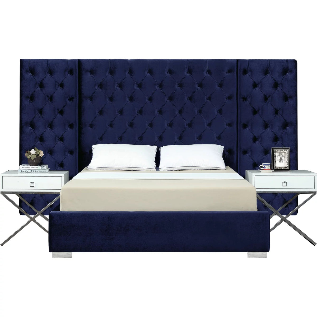 Navy Velvet King Bed Q21825