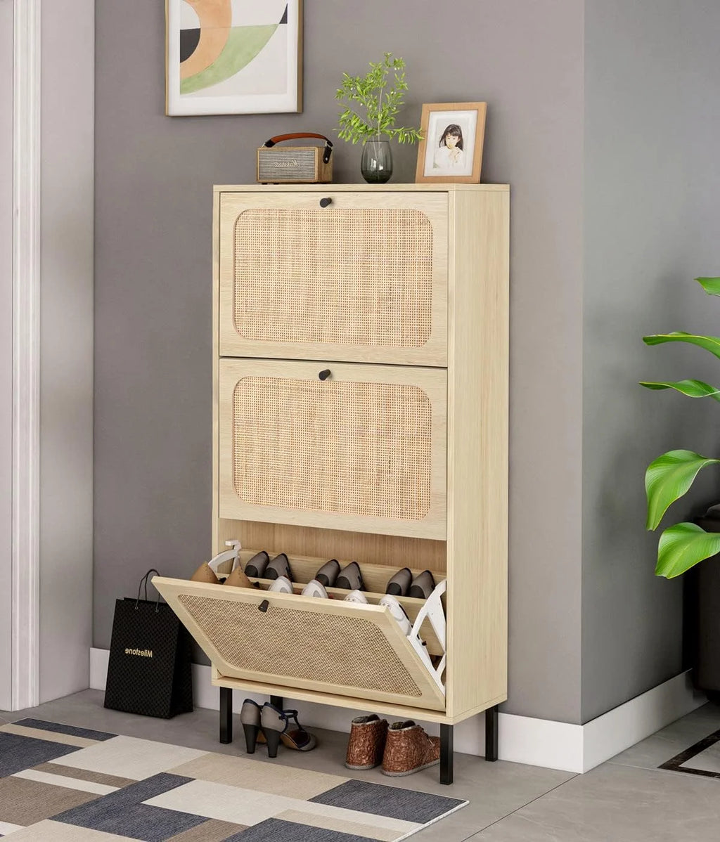Rattan Shoe Cabinet with 3 Flip Drawers H346