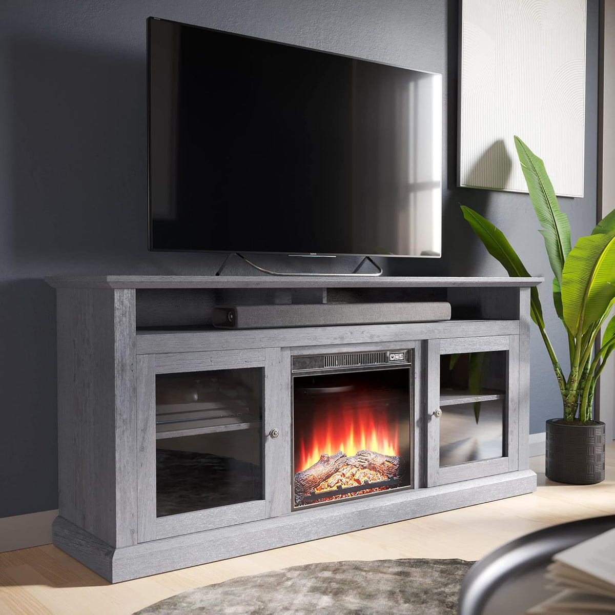 Light Gray Electric Fireplace TV Stand with Open Storage Shelves & Cabinets D584155