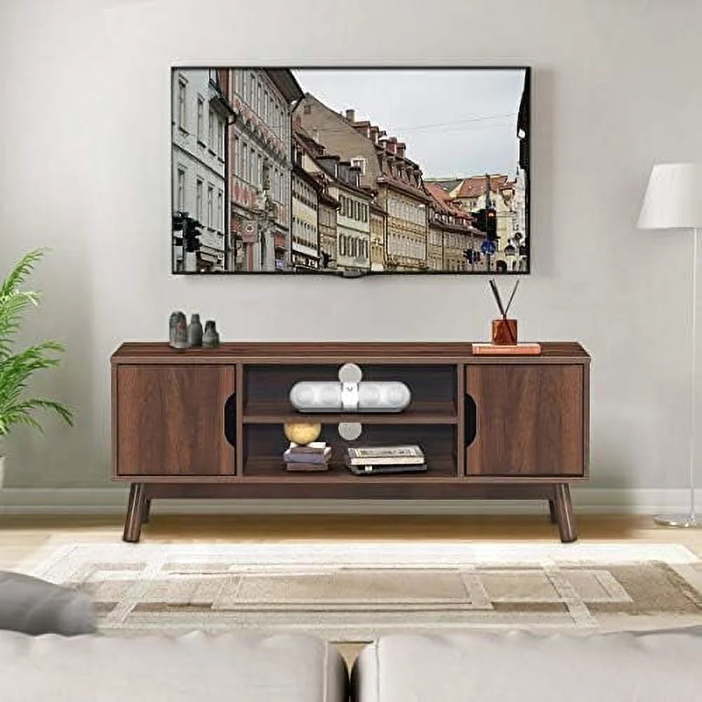 Mid-Century Wooden TV Stand with 2 Cabinet Doors and 2 Open Shelves C229482