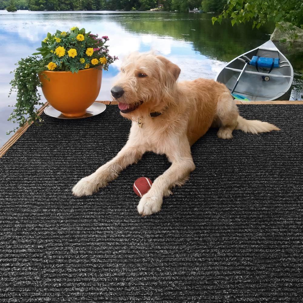 Heavy-Duty Ribbed Indoor Outdoor Carpet with Rubber Marine Backing - Charcoal Black - 6 Feet X 15 Feet Q4300
