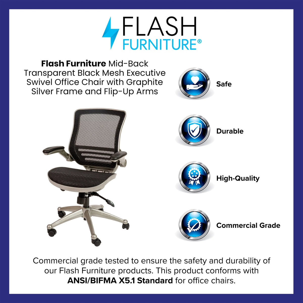 Mid-Back Transparent Black Mesh Executive Swivel Office Chair with Flip-Up Arms J16744
