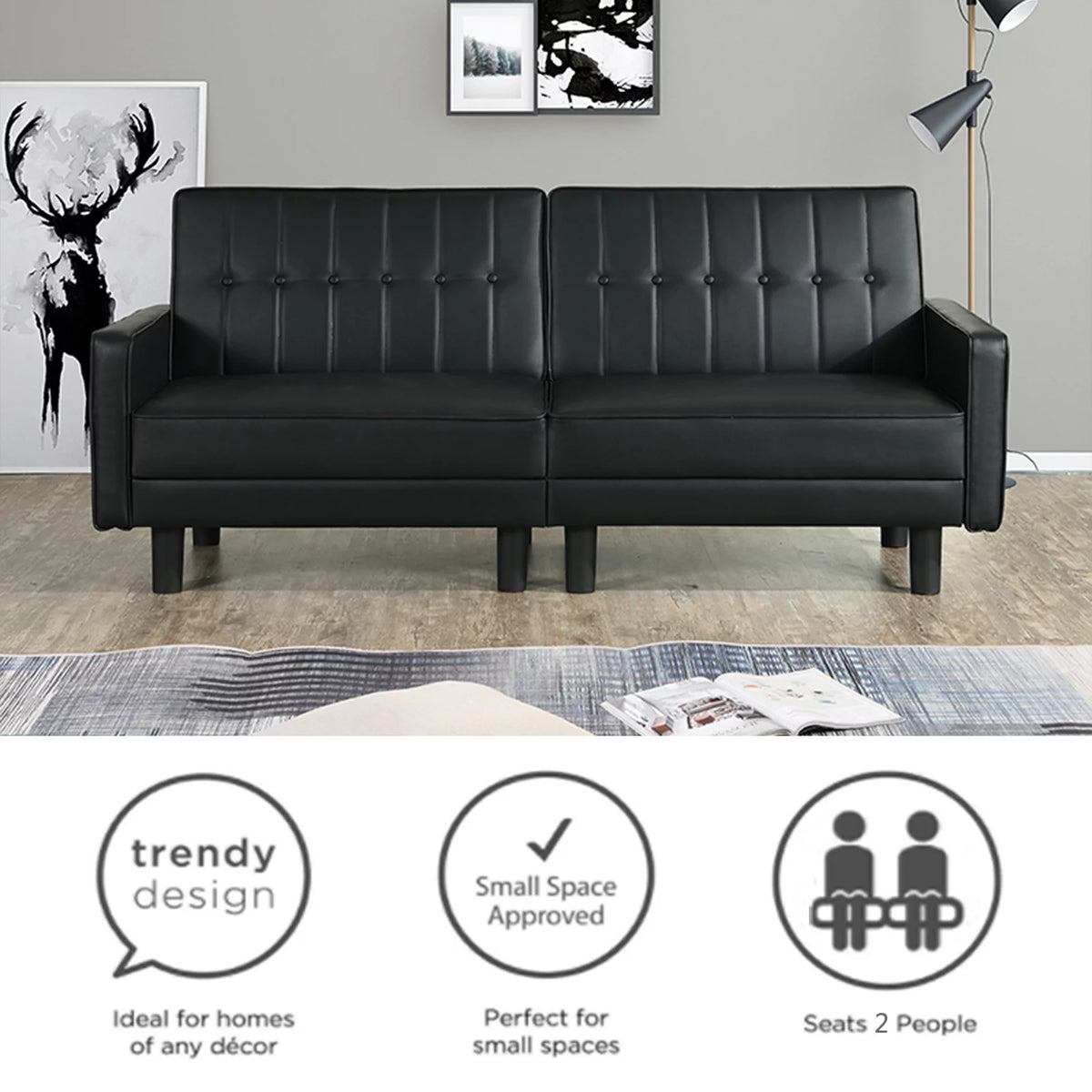 Black Faux Leather Convertible Futon Sofa Bed H5324