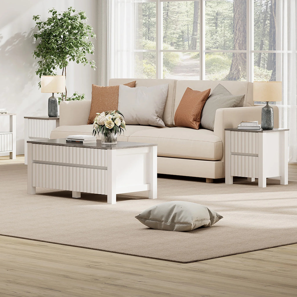 White 4 Piece Living Room Table Set with Storage Drawers and Charging Station Y9247
