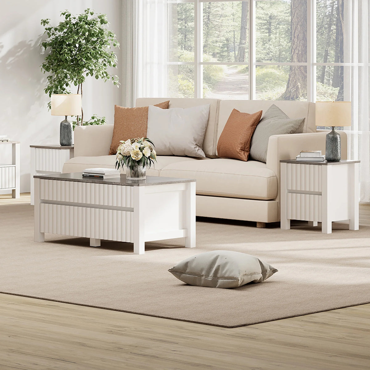 White 4 Piece Living Room Table Set with Storage Drawers and Charging Station Y9247