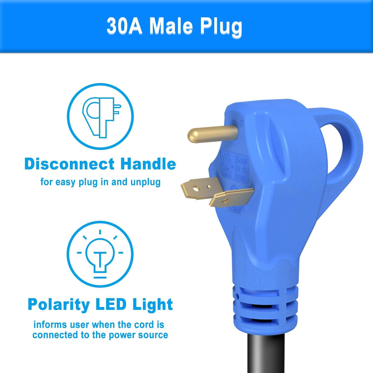 30 Amp 25 Feet RV Extension Cord with Polarity LED Light, Grip Handle, Twist Locking, STW 10AWG 3 Wire, NEMA TT-30P to L5-30R, Pack of 2 Y68276