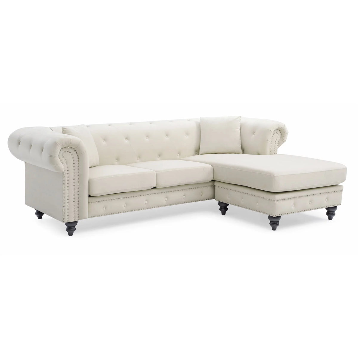 Ivory Velvet 3-Seater Sofa with 2 Throw Pillows R62440