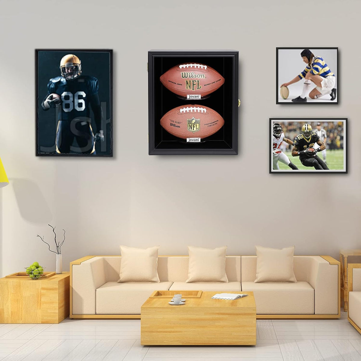 2 Football Display Case Wall Mount Lockable Wood with UV Acrylic Door R4235