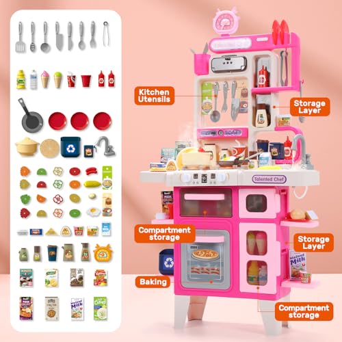 Pink Kids Play Kitchen Set with Sound & Light V4978