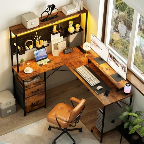 L Shaped Gaming Desk with LED Lights & Power Outlets T2623