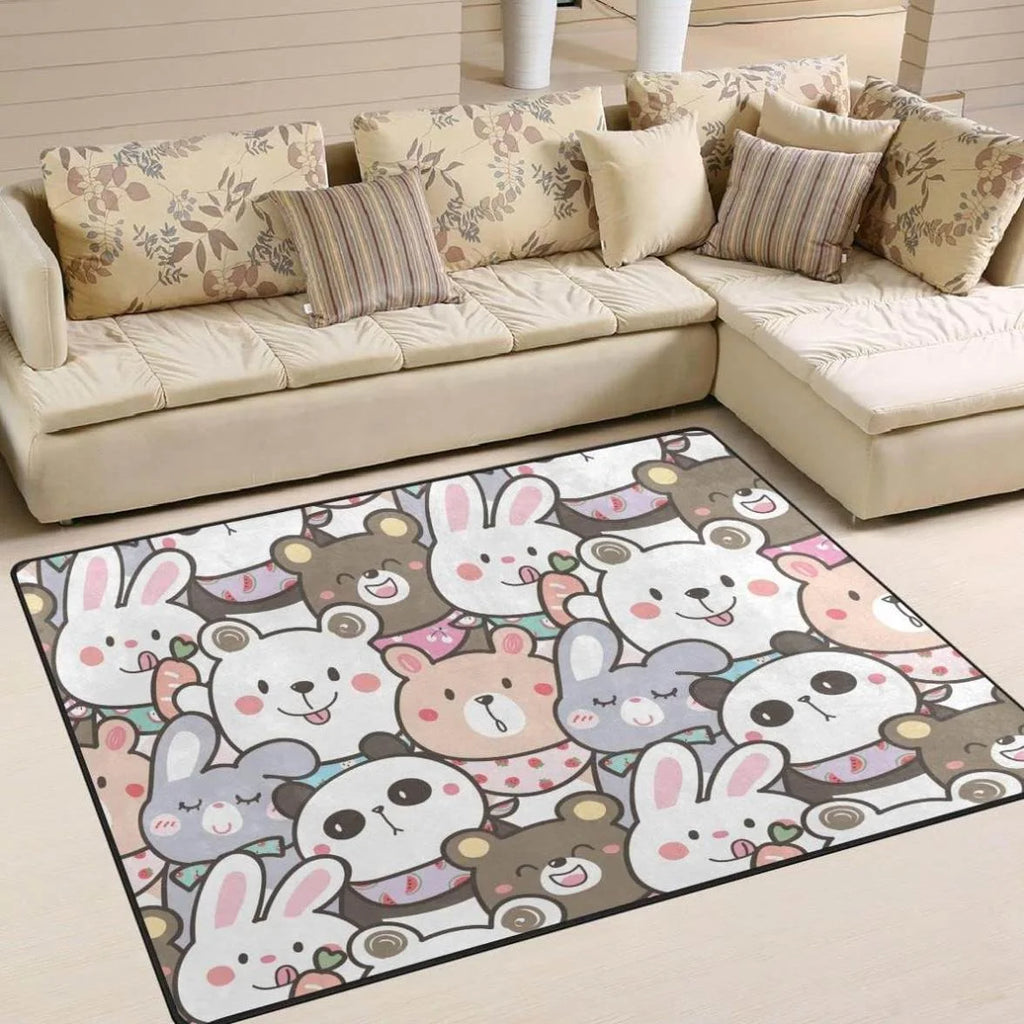 Panda and Bunny Illustration Design Area Rug, 80"x 58" Washable Non Slip Soft Carpet U7871