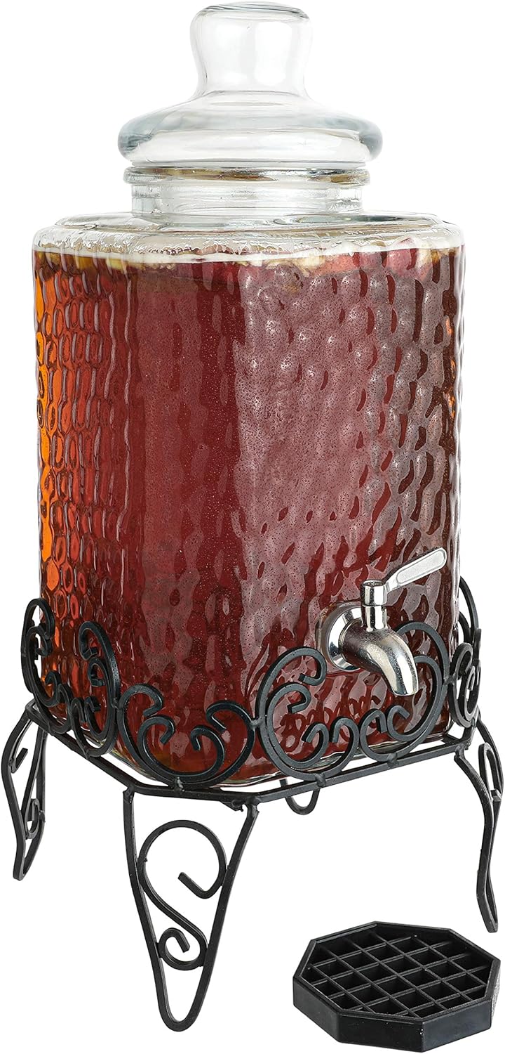 2.5 Gallon Glass Beverage Dispenser with Stainless Steel Spigot on Metal Stand and Drip Tray, Pack of 2 R58931