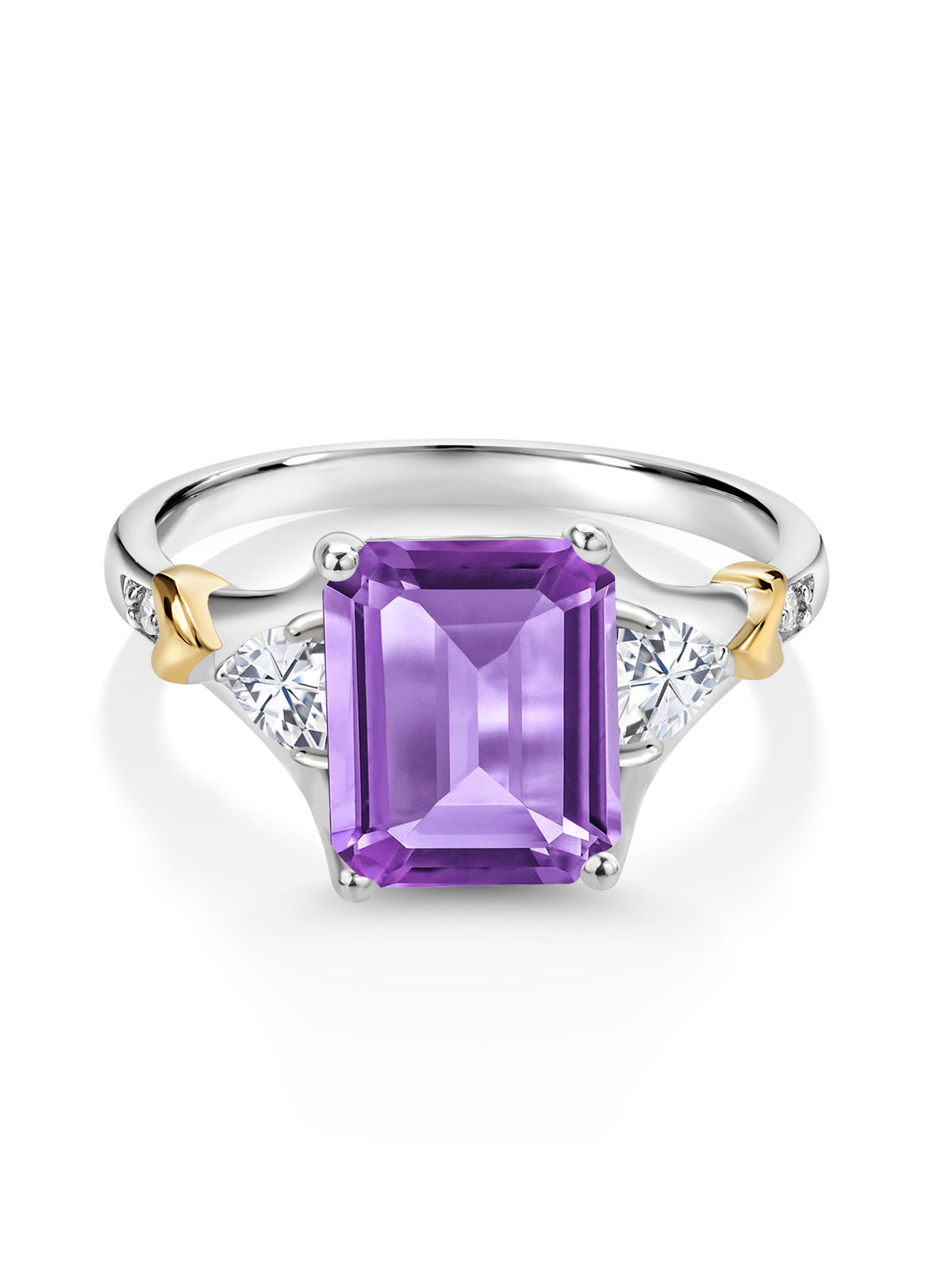 Emerald Cut 925 Silver and 10K Yellow Gold Amethyst and Moissanite and Diamond Engagement Ring T744715