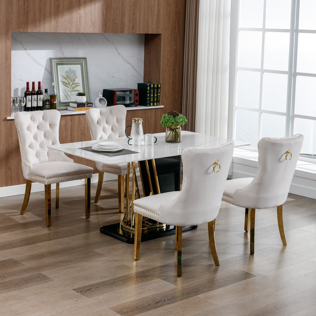 Beige Velvet Dining Chair Set of 2 with Gold Legs E914484
