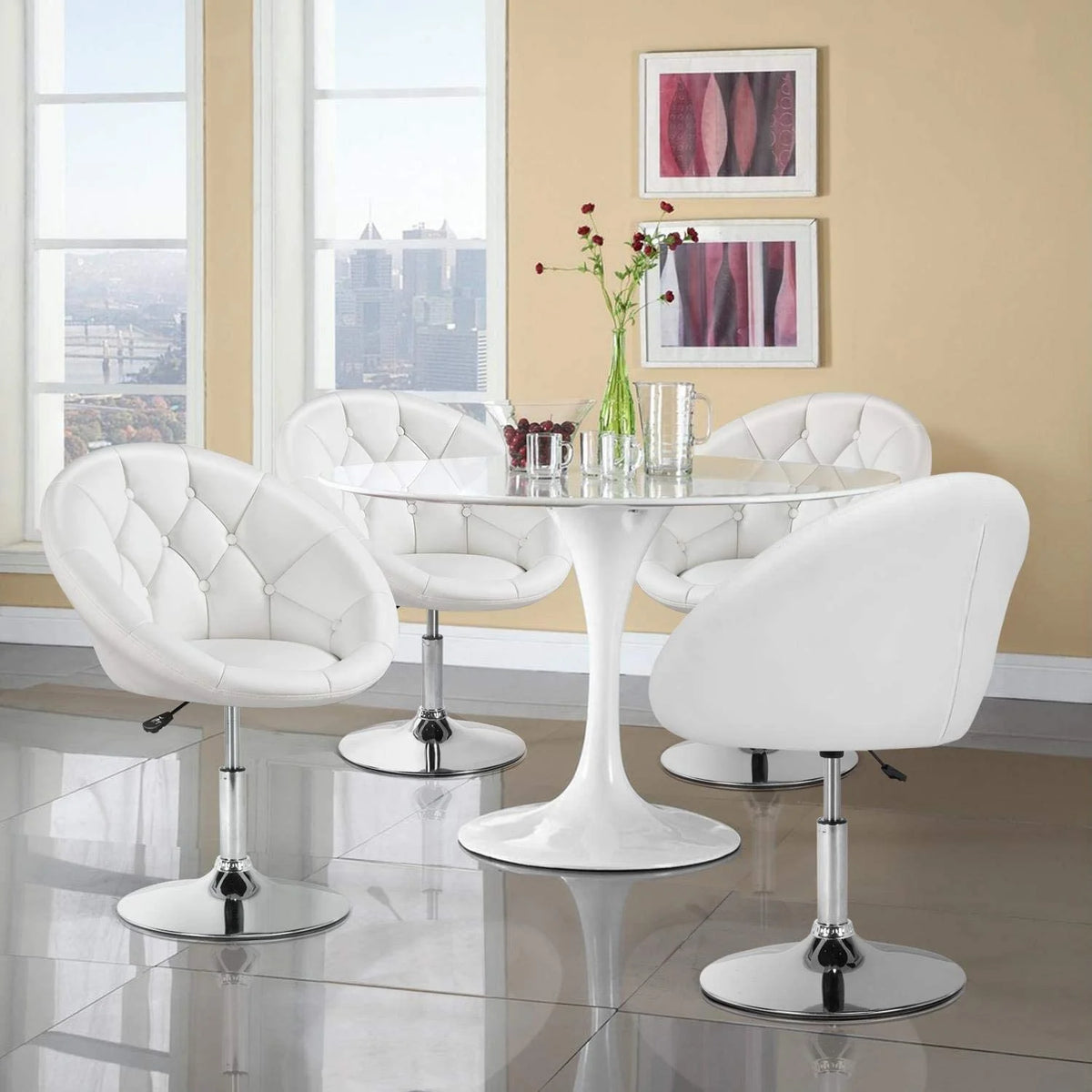 White Tufted Height Adjustable Swivel Accent Chair H579