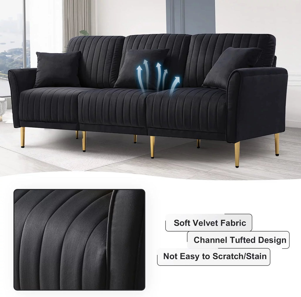 Black Velvet 3-Seater Sofa with Metal Legs and 3 Pillows K830401